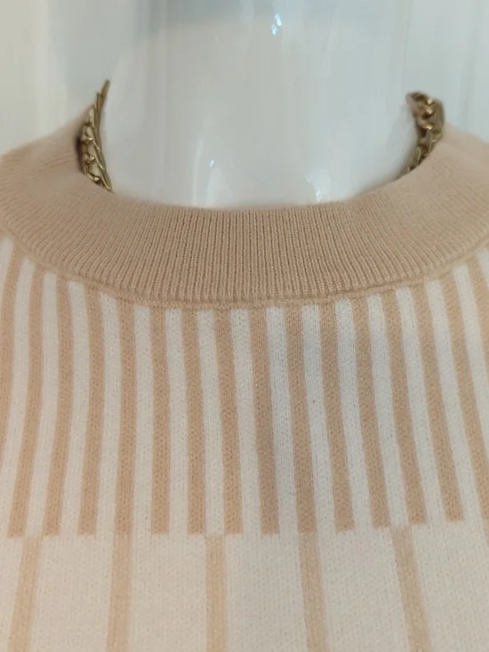 Cream & Tan Striped Crewneck Sweater Loose Relaxed Fit Small - Picture 13 of 13